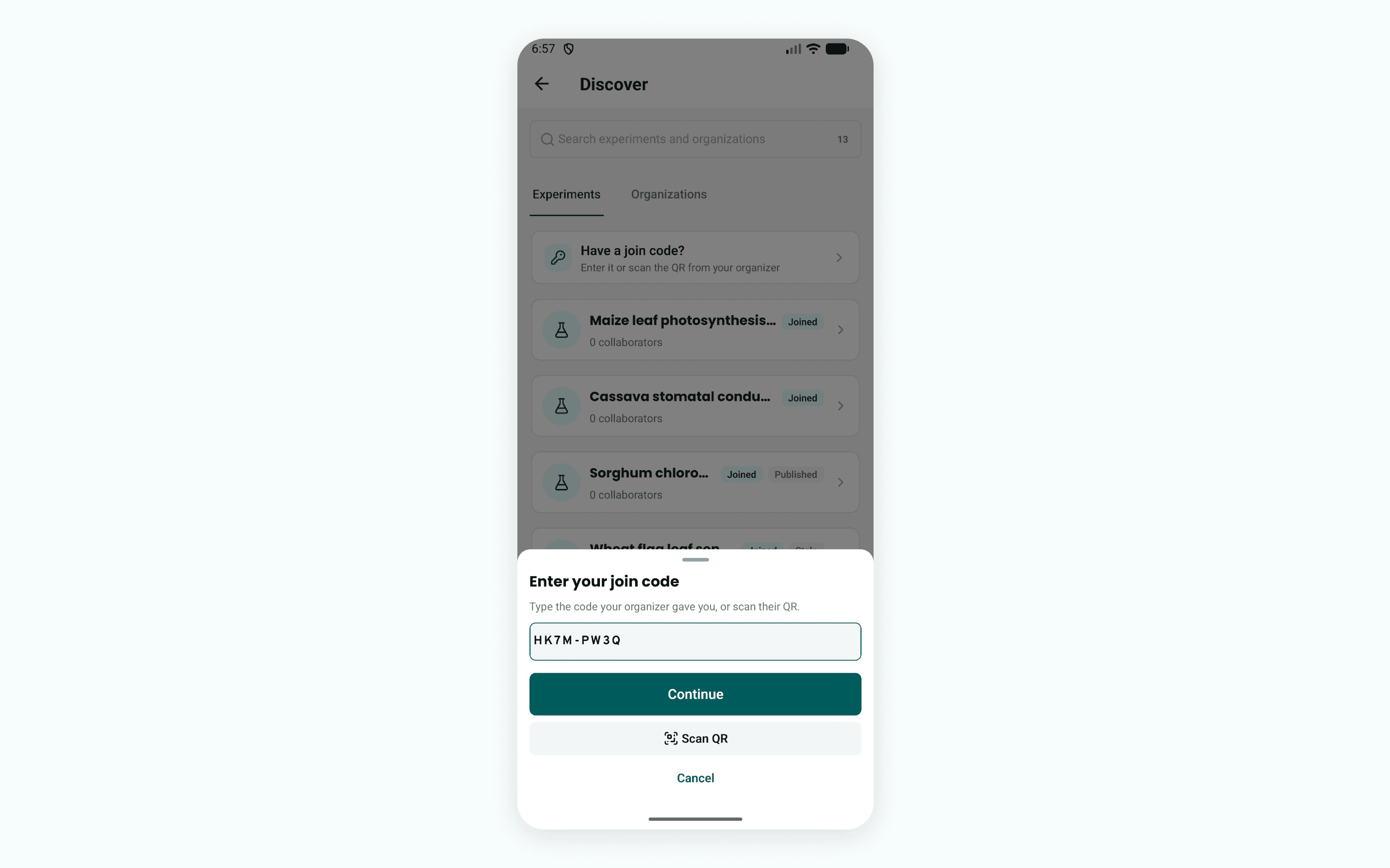 Join code in the Android app
